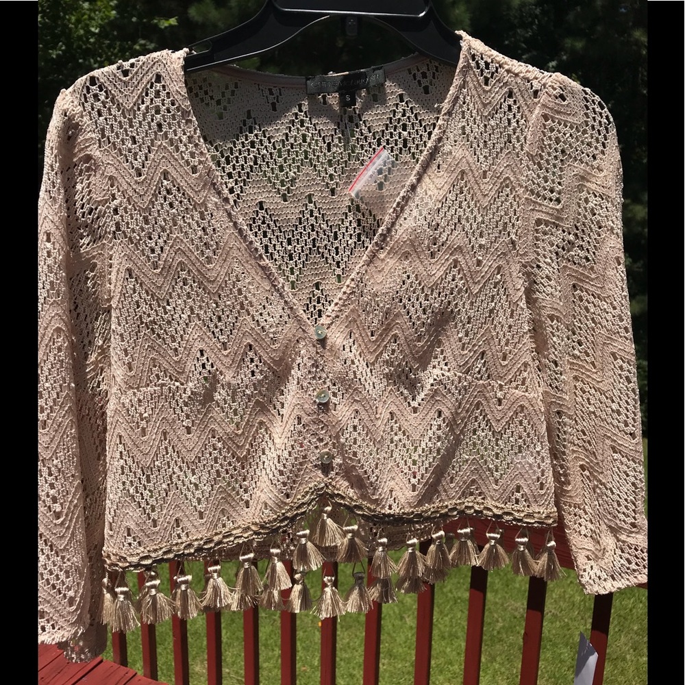 CHRIS MCLAUGHLIN STONE/BEIGE BOLERO WITH TASSELS